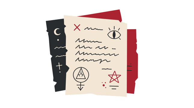 Stack of occult manuscripts with sigils and symbols.