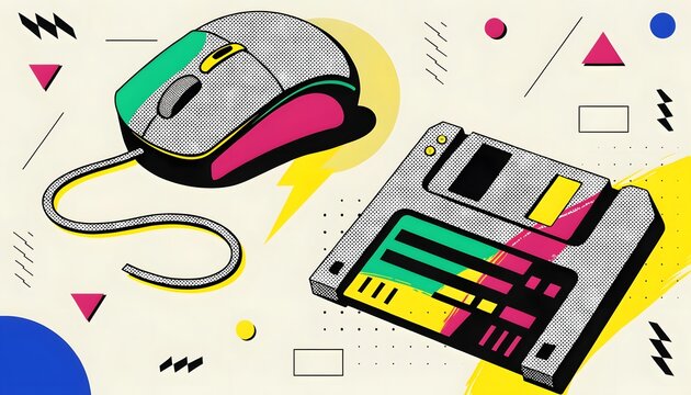 Retro computer hardware and technology icons. Vintage computing and software concept. Computer mouse and floppy disk with pop art halftone design