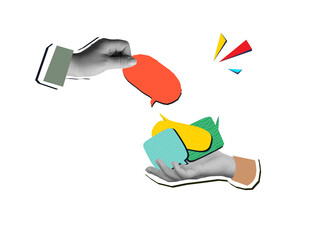 One hand gives the other a red speech bubble - communication concept. Modern photo collage style....