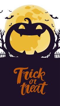 Halloween poster featuring the silhouette of a laughing pumpkin, a full moon, bats, and the inscription "Trick or Treat." Illustration on a transparent background