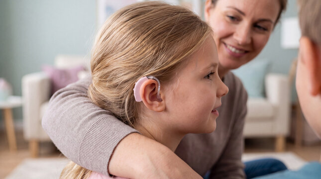 A mother hugs her daughter, who is wearing a hearing aid, while speaking with an ENT specialist. Concept of otolaryngology, hearing loss, ear problems, and reduced hearing.