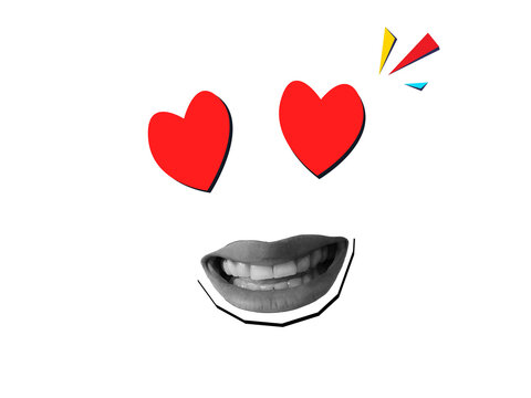 Smiling mouth and heart-shaped eyes - fall in love concept. Modern photo collage style. Illustration on a transparent background