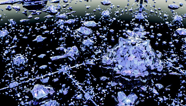 Blue floating crystal clusters with faceted surfaces on Black