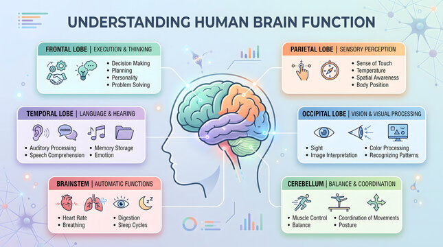An infographic visually dissects the complex human brain, highlighting the distinct functions and characteristics of major lobes like the frontal, parietal, temporal, occipital, and cerebellum.