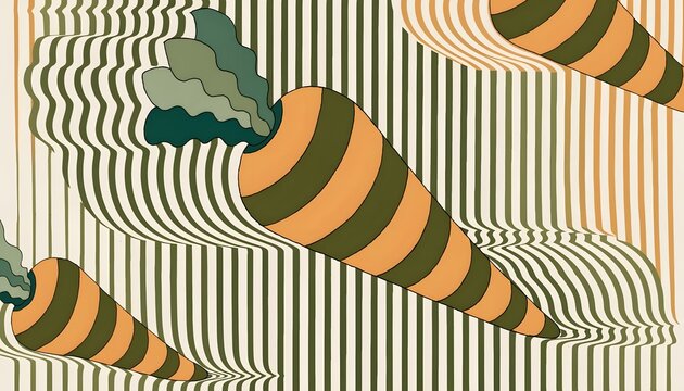 Psychedelic optical illusion carrot wallpaper background. Abstract food and trippy art concept. Stylized striped carrots arranged on a wavy line pattern