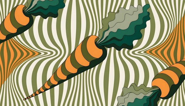 Psychedelic wavy carrot pattern design background. Trippy food and abstract art concept. Stylized striped carrots moving across an optical wave background