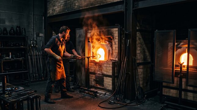 Two male glassblowers working with molten glass at a hot furnace inside an industrial studio workshop