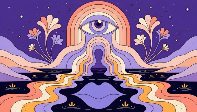 Psychedelic cosmic eye and lips landscape illustration. Trippy spiritual vision and universe concept. Surreal melting cosmic eye and lips over water