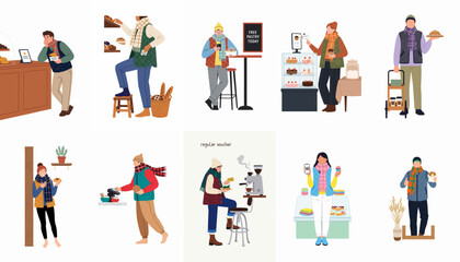Fototapeta premium Set of diverse people in winter clothes enjoying coffee and snacks in a cafe or bakery, flat vector illustration on white background.