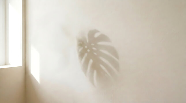 Shadow of a Monstera leaf cast on a textured wall, with soft light from a window creating a serene and natural ambiance