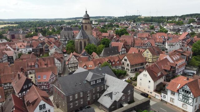 Aerial View Alsfeld a town in the center of Hesse, in Germany 4k.	
