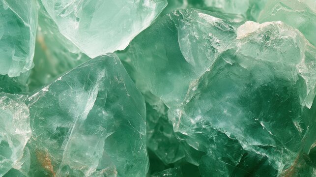 A collection of raw green fluorite crystals with translucent facets shows unique shapes and textures, set against a macro gemstone backdrop.