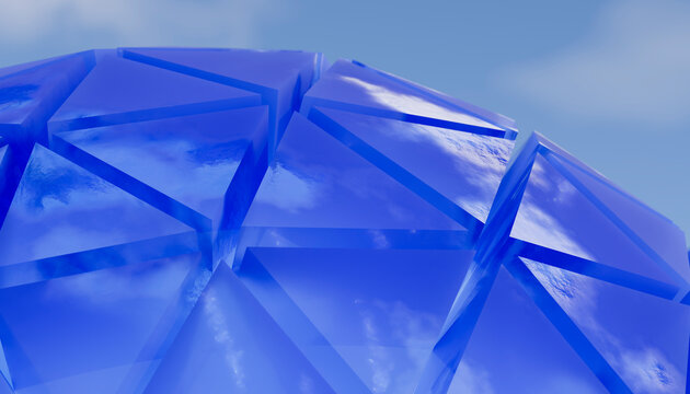 Blue transparent glass triangular geometric pattern with sky