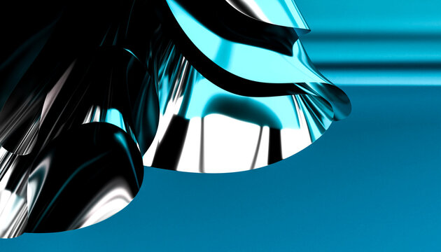 Shiny curved metal foil with reflective blue and silver surface