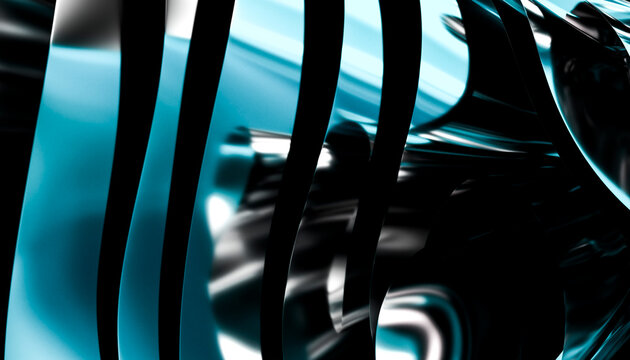 Abstract metallic curved shapes with blue light reflections