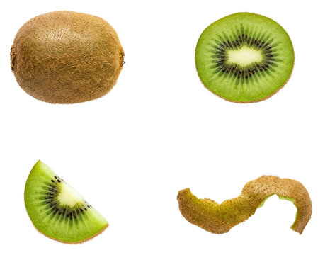 Collection of kiwi fruit whole, half sliced, wedge piece, and skin peel isolated top view