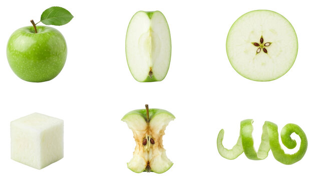 Green apple collection with whole fruit, slice, star cross section, cube, core and spiral peel