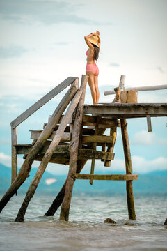 Woman tourist in happiness and relax moment on wooden pier, enjoy the summer trip in tropical island