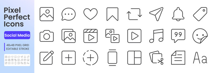Naklejka premium Social Media line icon set. Content, post, photo, video, story, comment, share, bookmark, notification linear minimal vector illustration. Simple outline signs. 48x48 Pixel Perfect. Editable Stroke.