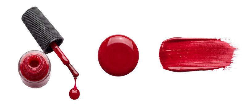 Red nail polish bottle with open brush, liquid drop and glossy smear showing cosmetic liquid color swatches for makeup care