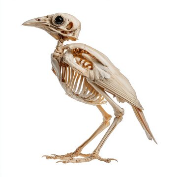 Anatomical Skeleton Of A Small Bird Isolated On White Background Featuring Intricate Bone Structure
