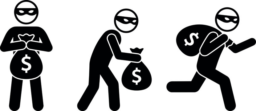 Set of thief and robber character icons with money bag vector illustration criminal design elements