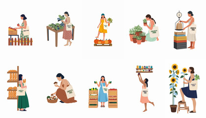 Fototapeta premium Vector illustration set of women shopping for organic produce, plants, and local goods using eco-friendly reusable tote bags at a market.