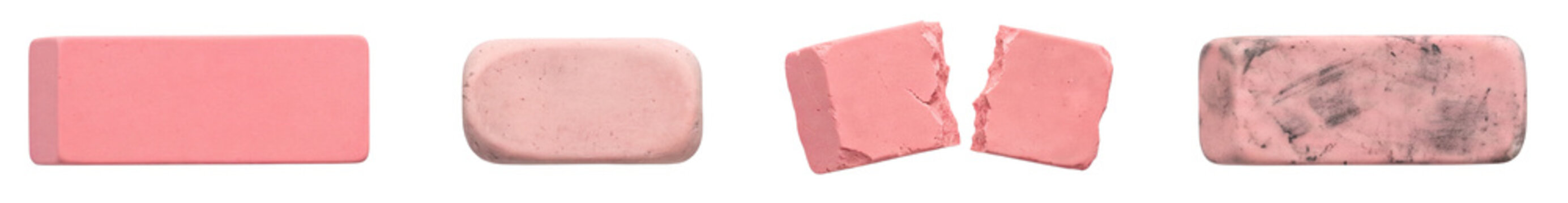 Collection of pink rubber erasers showing various conditions including brand new, used, broken and smudged stationery items for school and office supplies