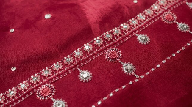 Rich deep red fabric with intricate mirror and thread embroidered floral border design with handcrafted floral embroidery using mirrors thread along borders