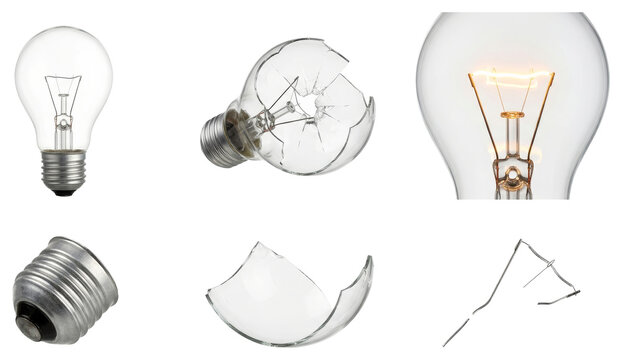 Light bulb destruction stages showing whole incandescent lamp, cracked glass, broken bulb parts, metal base and fragile filament wire collage