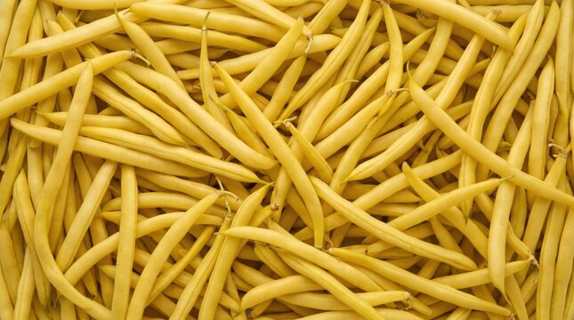 Top view of fresh yellow wax beans in a dense heap for grocery banners, healthy lifestyle websites, and branding