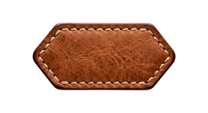 Blank brown leather patch with stitched beige thread border isolated on transparent background for design.
