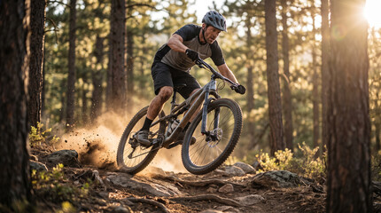Fototapeta premium Male corporate CEO enjoys mountain biking on a rugged forest trail during his free time. Dynamic lifestyle photography capturing extreme sports and weekend recreation.