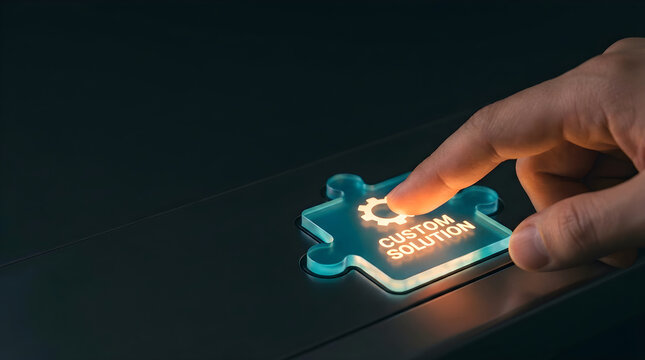 A finger pressing a glowing puzzle piece icon labeled custom solution on a dark surface