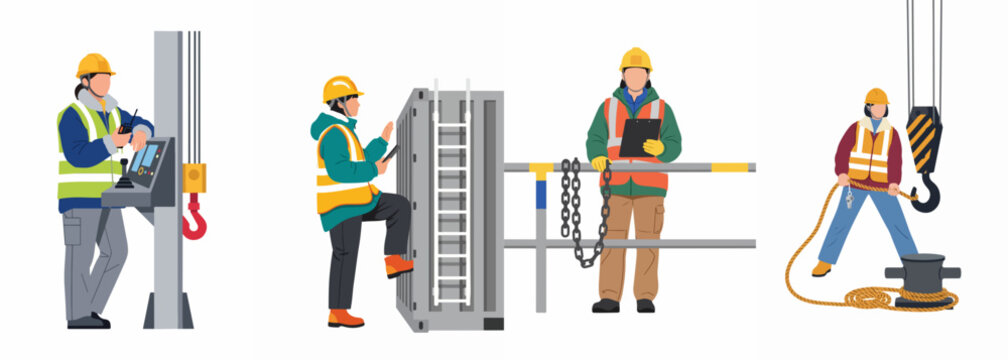 Flat vector illustration set of industrial workers, engineers, and technicians performing various tasks in construction, shipping, and manufacturing settings.