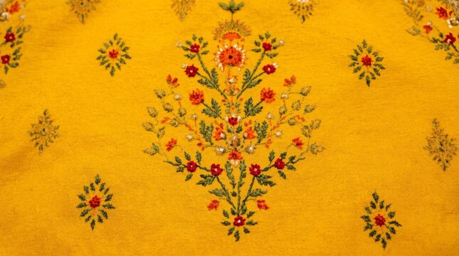Close up of vibrant handcrafted floral embroidery on bright textile background with snowflake patterns surrounding fabric decorative snowflake