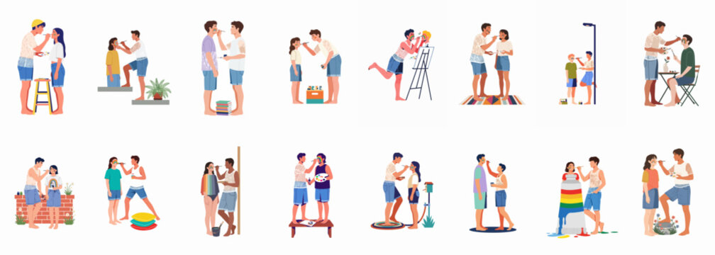 A collection of flat design illustrations showing people caring for and helping each other with grooming and daily tasks in diverse settings.
