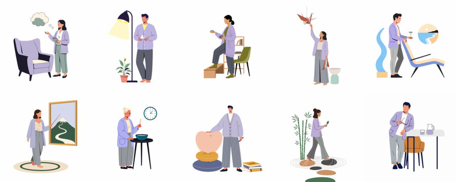 Collection of flat vector illustrations depicting diverse people engaging in various daily household activities and leisure routines against a clean white background