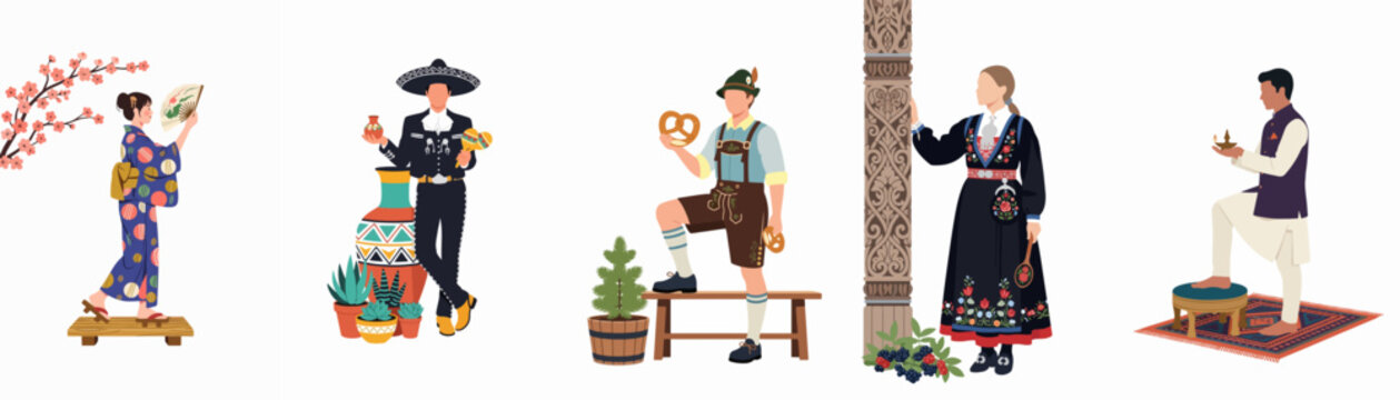 Set of illustrations depicting people from around the world wearing diverse traditional ethnic costumes and clothing, isolated on a white background.