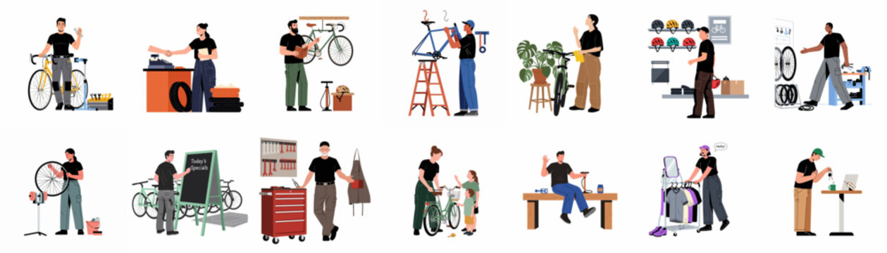 A set of flat vector illustrations showing various characters working in a bicycle repair shop, selling bikes, and providing maintenance services.