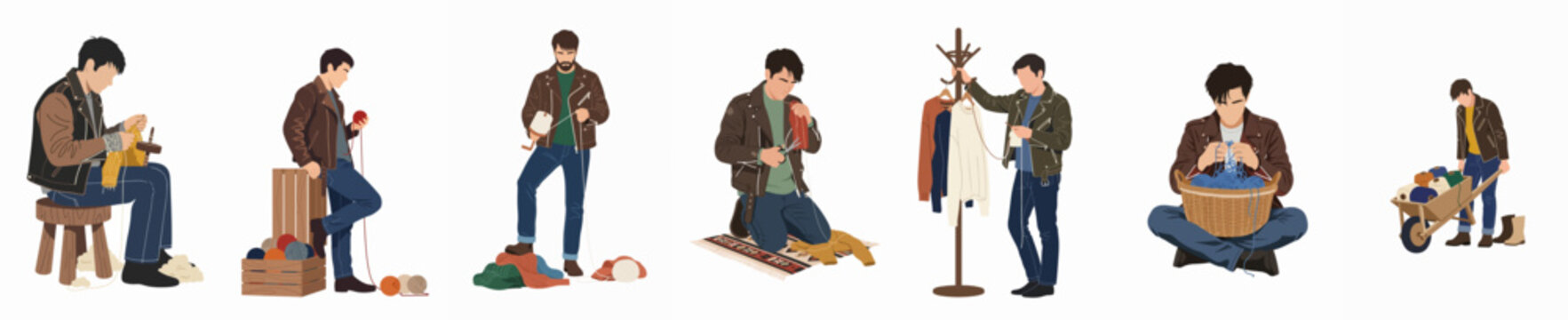 Stylized illustrations of a young man performing various domestic tasks including sewing, folding laundry, and organizing clothes, isolated on a white background.