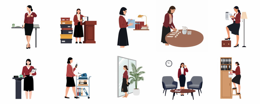 Set of office woman characters in various work scenarios like filing, organizing, and communication, suitable for business and administrative themes.