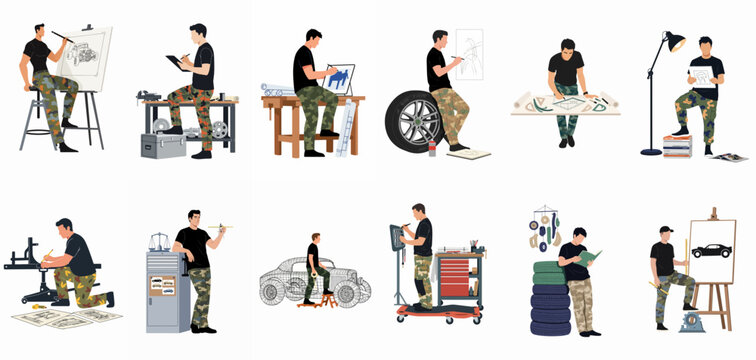 Collection of illustrations showing a male designer and mechanic engaged in various automotive engineering, design, and workshop tasks on a white background.