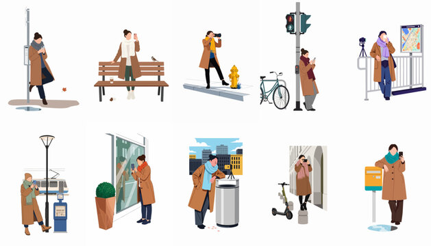 Flat vector illustrations of people in various autumn urban scenes, featuring city commuters, tourists, and daily outdoor activities in seasonal attire.