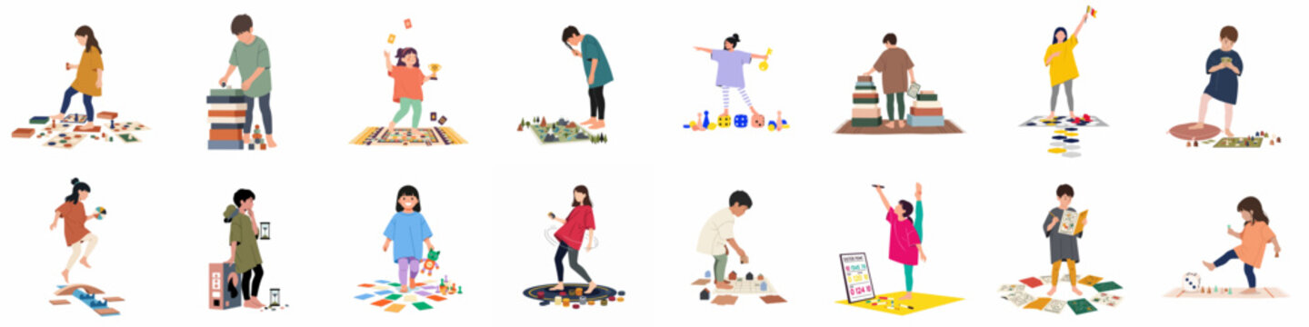 Collection of minimalist flat vector illustrations featuring diverse young people engaged in activities like reading, organizing, studying, and creative hobbies on a white background.