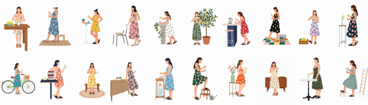 Collection of summer fashion illustrations featuring a woman in various daily activities and outfits, isolated on a white background.
