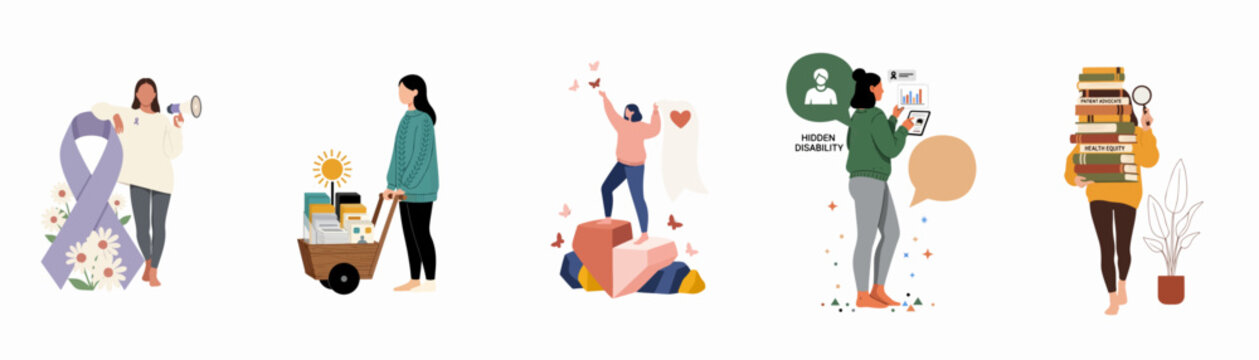 Flat vector illustrations of diverse women representing education, awareness advocacy, personal success, professional growth, and achievement in life and work.
