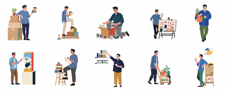 Flat vector illustrations of men organizing, packing, and moving office supplies and cardboard boxes in a set of workspace scenarios.