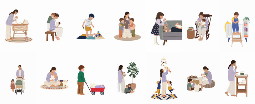Flat Illustration Set of Mothers and Children in Various Daily Life Scenes and Parenting Activities on White Background