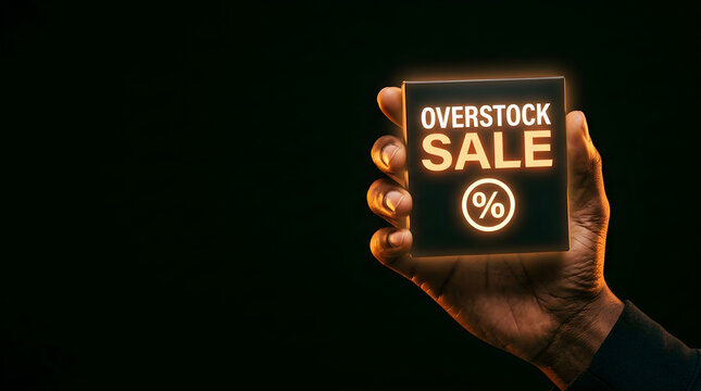 A hand holding a glowing square sign with overstock sale text against a dark background